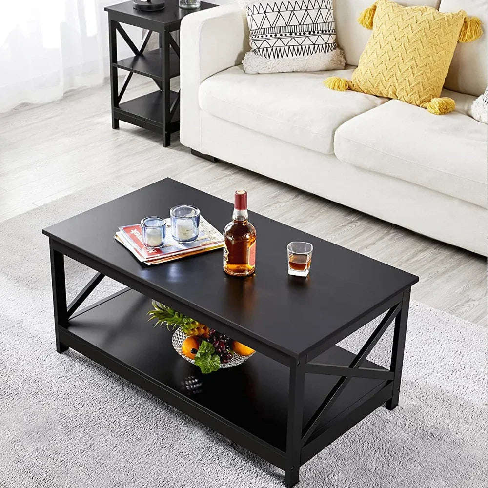 Coffee Table Living Room Furniture Table with Storage Shelf, Black This modern coffee table