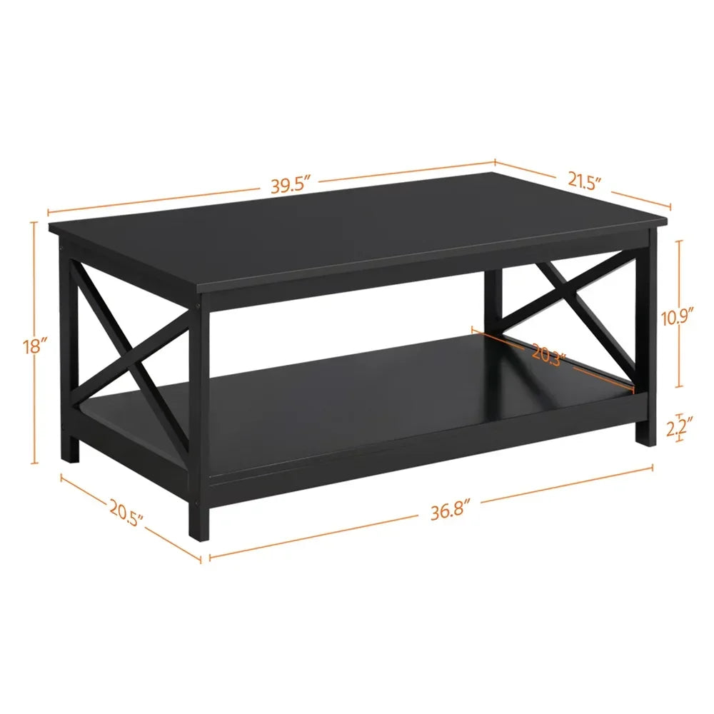Coffee Table Living Room Furniture Table with Storage Shelf, Black This modern coffee table