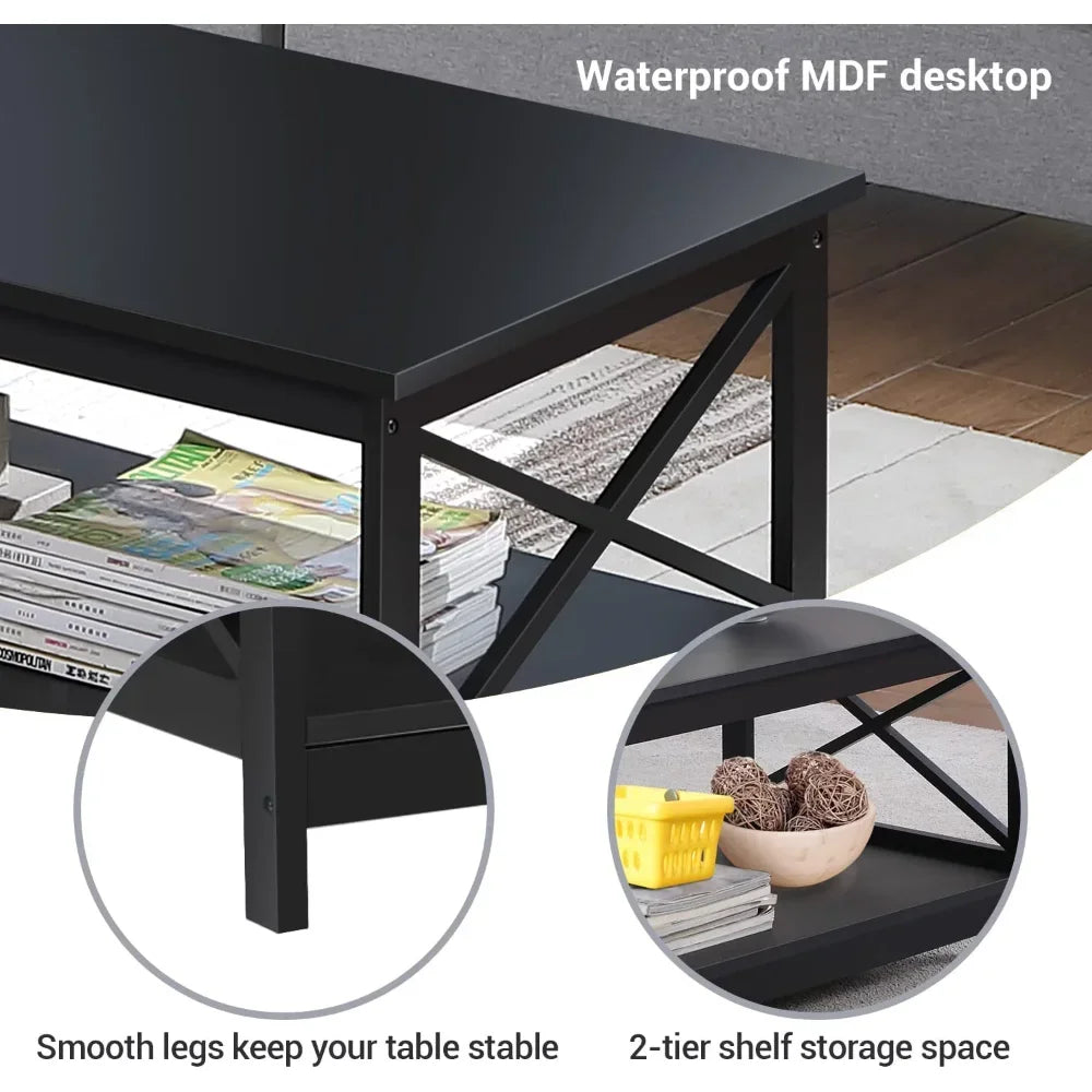 Coffee Table Living Room Furniture Table with Storage Shelf, Black This modern coffee table