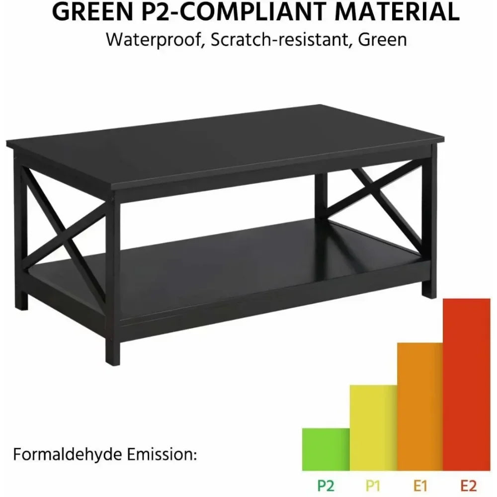 Coffee Table Living Room Furniture Table with Storage Shelf, Black This modern coffee table